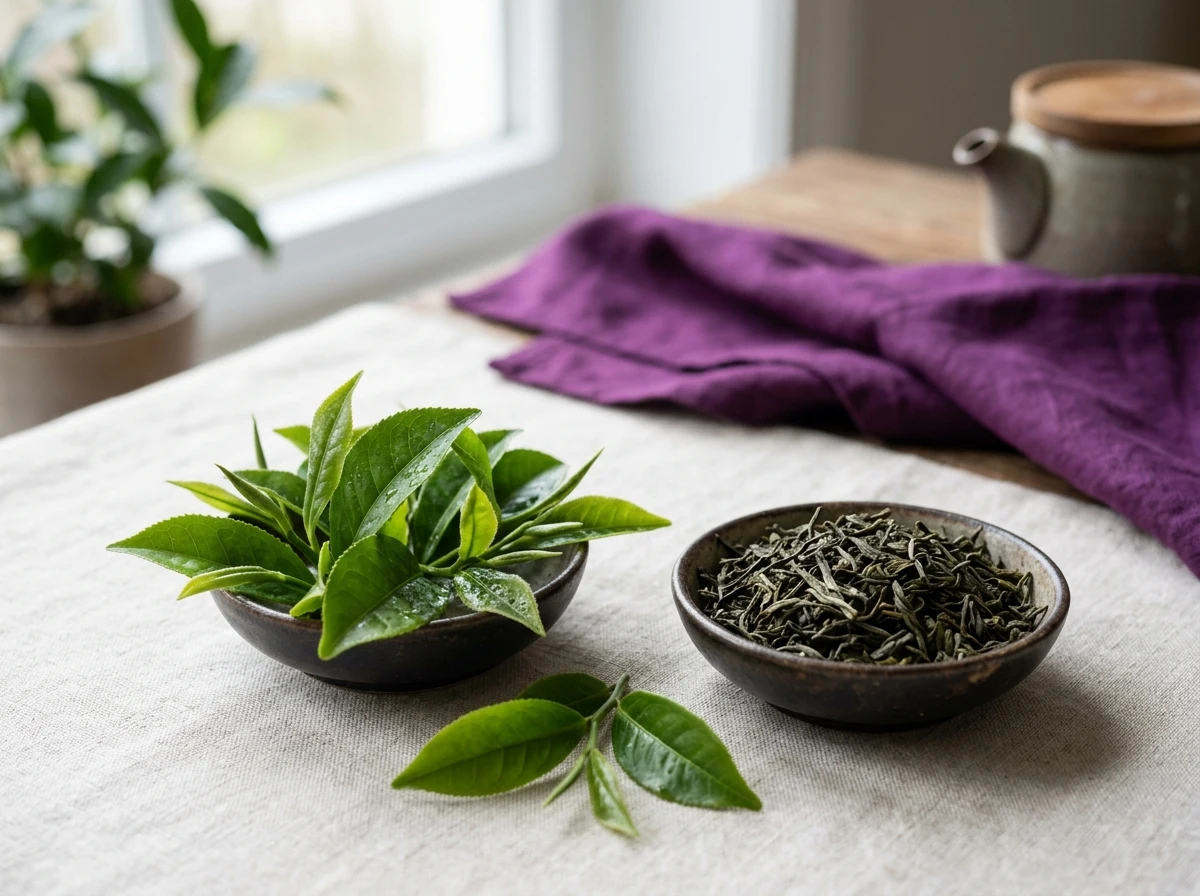 Groene thee-extract voedingssupplement Nederland - verse thee-bladeren op linnen ondergrond